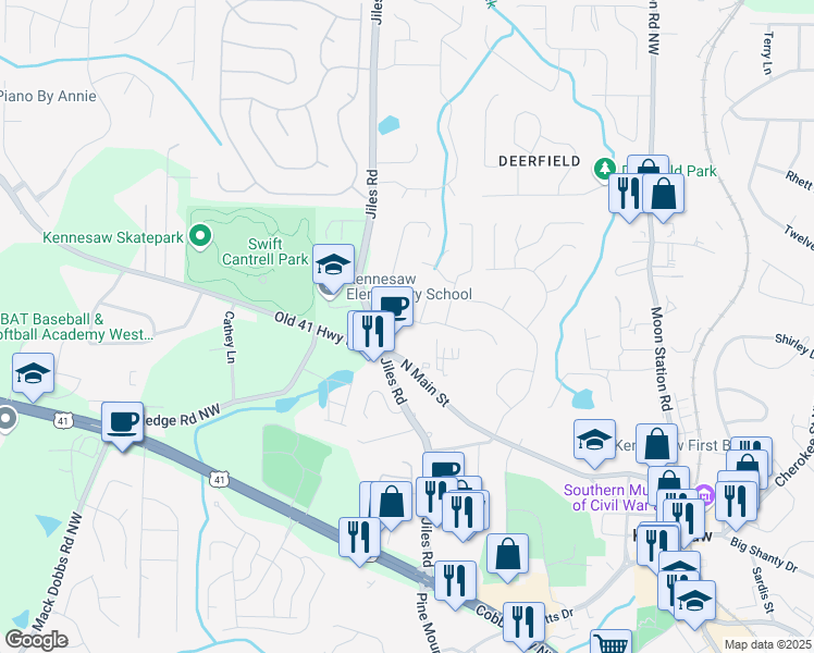 map of restaurants, bars, coffee shops, grocery stores, and more near 1055 Kennesaw Springs Drive Northwest in Kennesaw