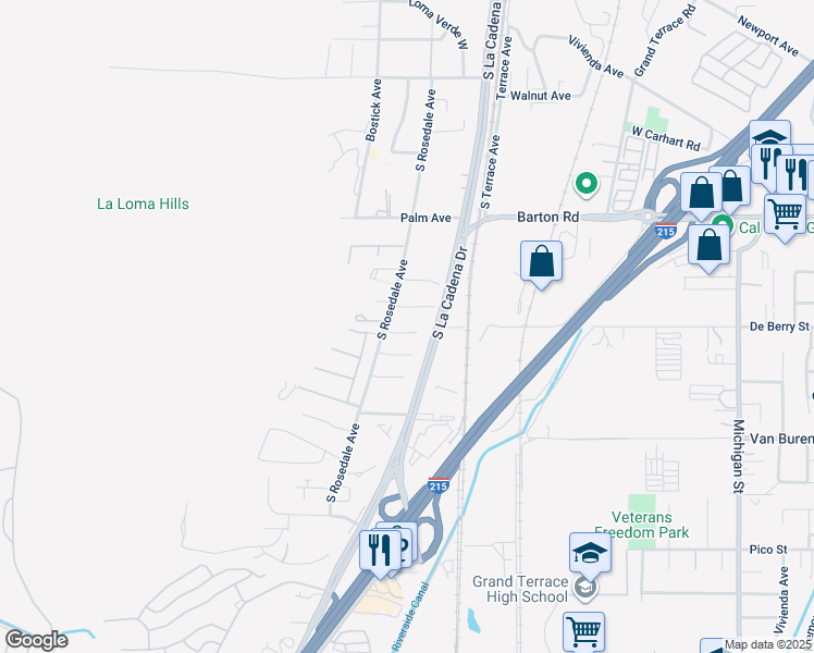 map of restaurants, bars, coffee shops, grocery stores, and more near 159 West Shirley Court in Grand Terrace