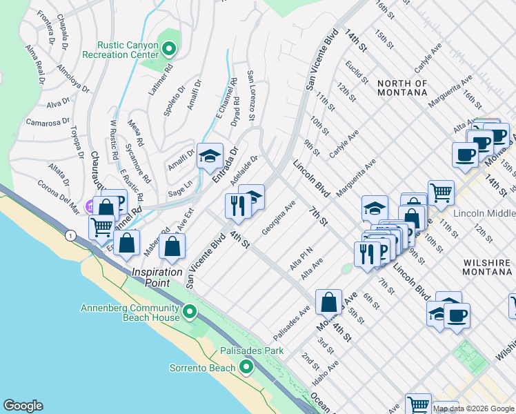 map of restaurants, bars, coffee shops, grocery stores, and more near 502 San Vicente Boulevard in Santa Monica