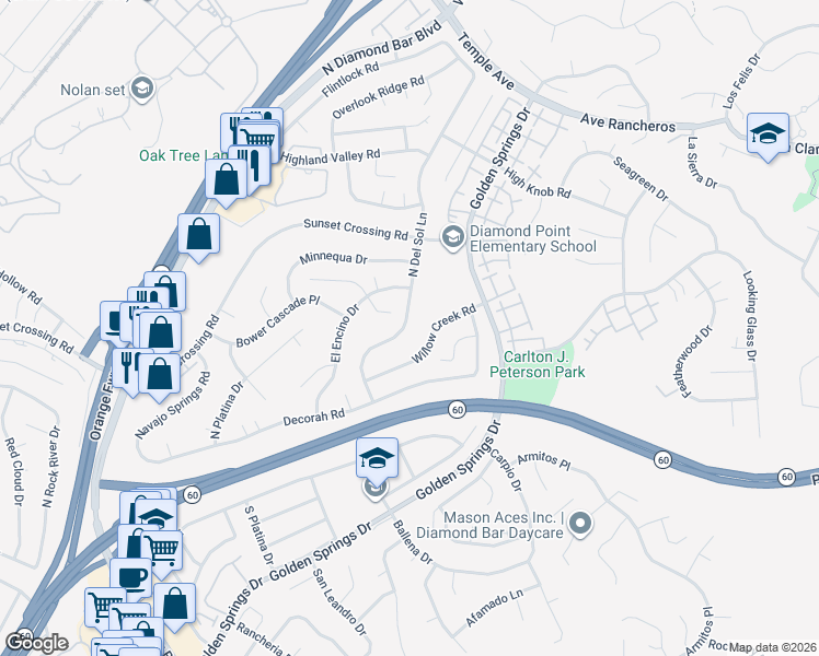 map of restaurants, bars, coffee shops, grocery stores, and more near 446 North Del Sol Lane in Diamond Bar
