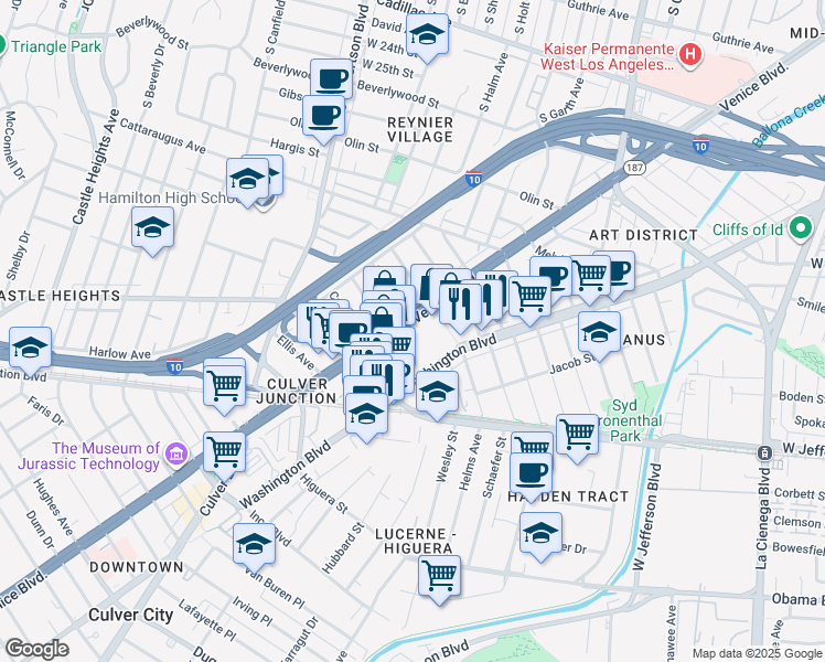 map of restaurants, bars, coffee shops, grocery stores, and more near 8836 Venice Boulevard in Los Angeles