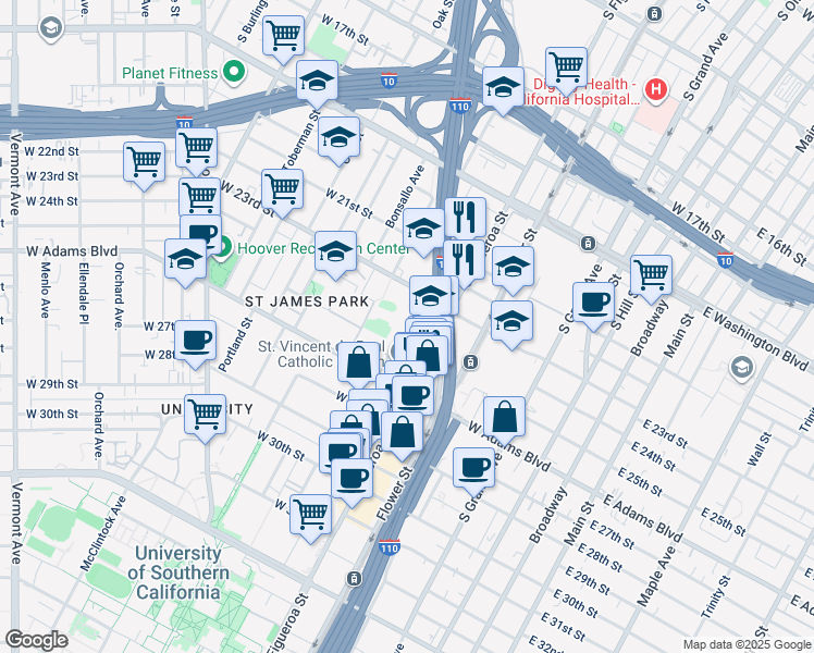 map of restaurants, bars, coffee shops, grocery stores, and more near 2345 South Figueroa Street in Los Angeles