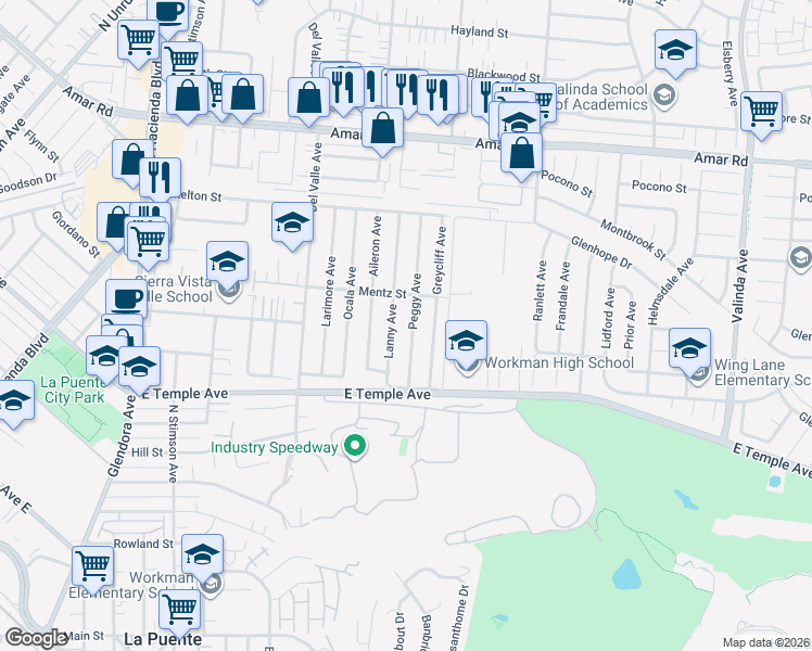 map of restaurants, bars, coffee shops, grocery stores, and more near 703 Lanny Avenue in La Puente