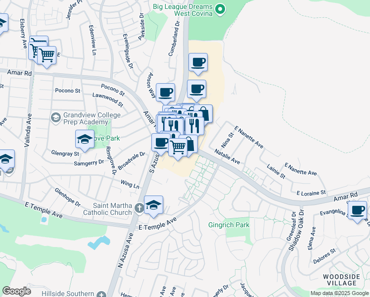 map of restaurants, bars, coffee shops, grocery stores, and more near 1524 East Amar Road in West Covina