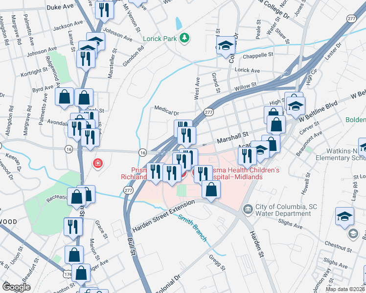 map of restaurants, bars, coffee shops, grocery stores, and more near 1729 Marshall Street in Columbia
