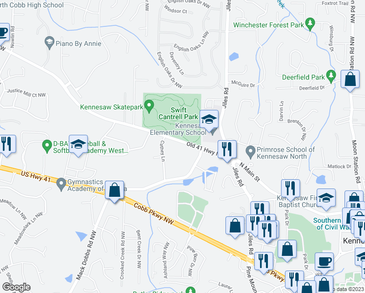 map of restaurants, bars, coffee shops, grocery stores, and more near 3101 Old 41 Highway Northwest in Kennesaw