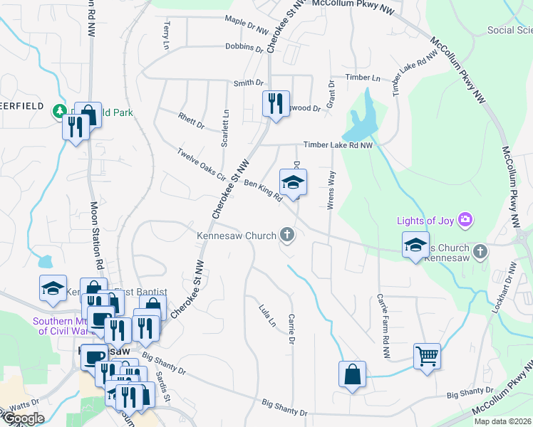 map of restaurants, bars, coffee shops, grocery stores, and more near 1660 Ben King Road in Kennesaw