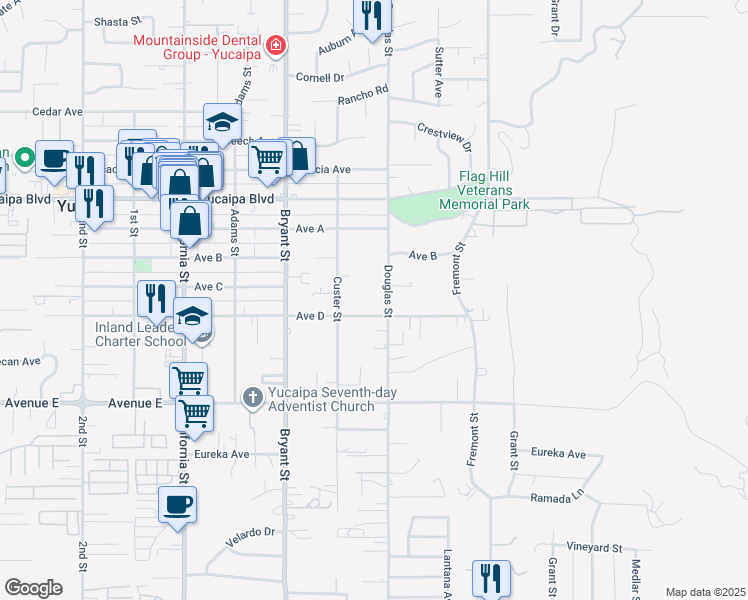 map of restaurants, bars, coffee shops, grocery stores, and more near 12291 Douglas Street in Yucaipa
