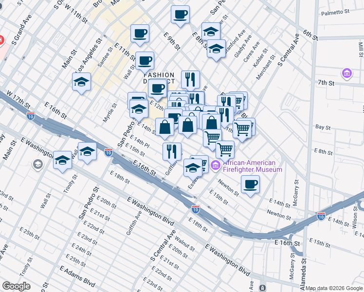 map of restaurants, bars, coffee shops, grocery stores, and more near 938 East Pico Boulevard in Los Angeles