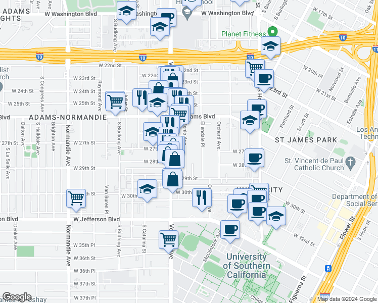 map of restaurants, bars, coffee shops, grocery stores, and more near 2678 Menlo Avenue in Los Angeles