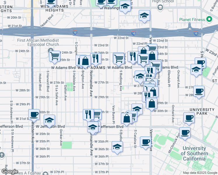 map of restaurants, bars, coffee shops, grocery stores, and more near 1604 West 27th Street in Los Angeles
