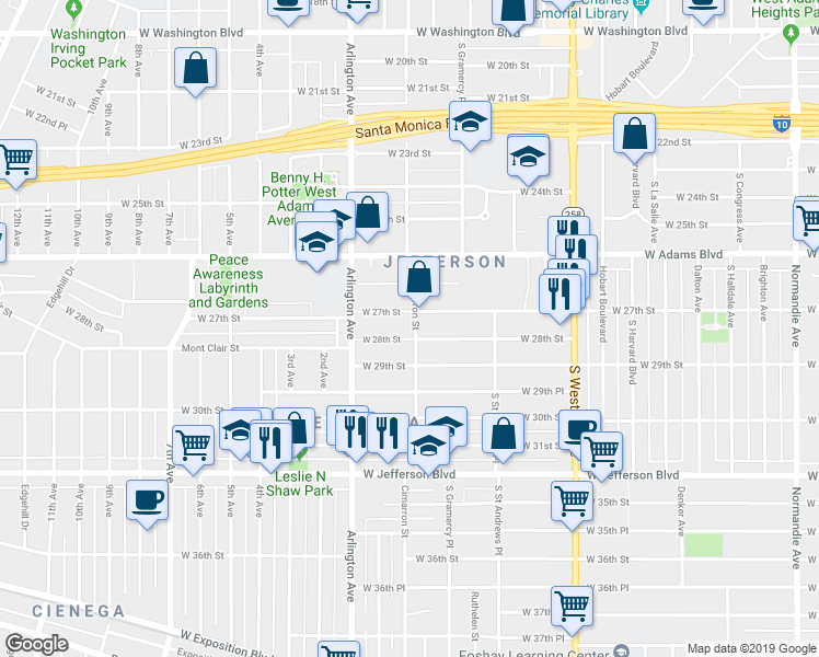 map of restaurants, bars, coffee shops, grocery stores, and more near 2220 West 27th Street in Los Angeles