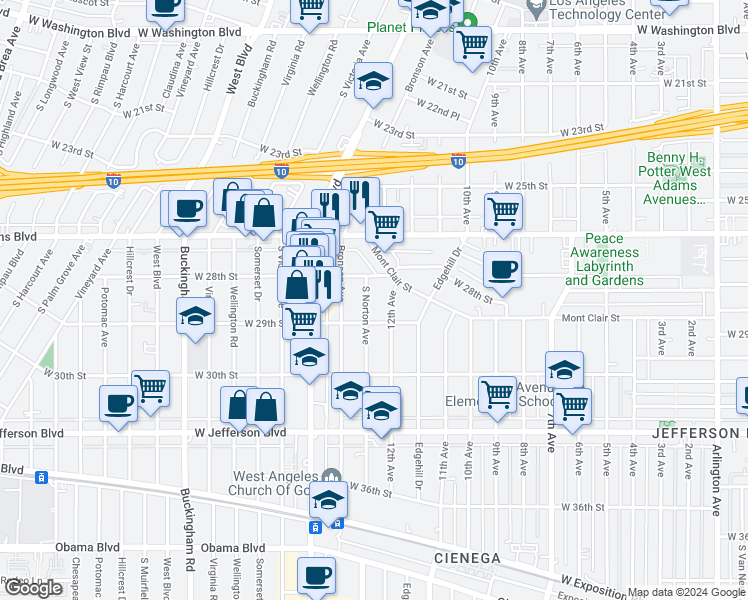 map of restaurants, bars, coffee shops, grocery stores, and more near 2819 12th Avenue in Los Angeles