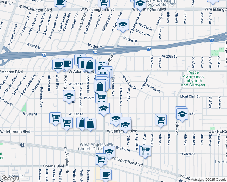 map of restaurants, bars, coffee shops, grocery stores, and more near 2822 South Bronson Avenue in Los Angeles