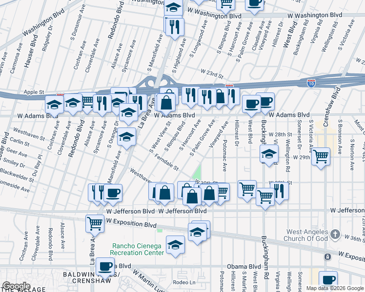 map of restaurants, bars, coffee shops, grocery stores, and more near 2676 South Harcourt Avenue in Los Angeles