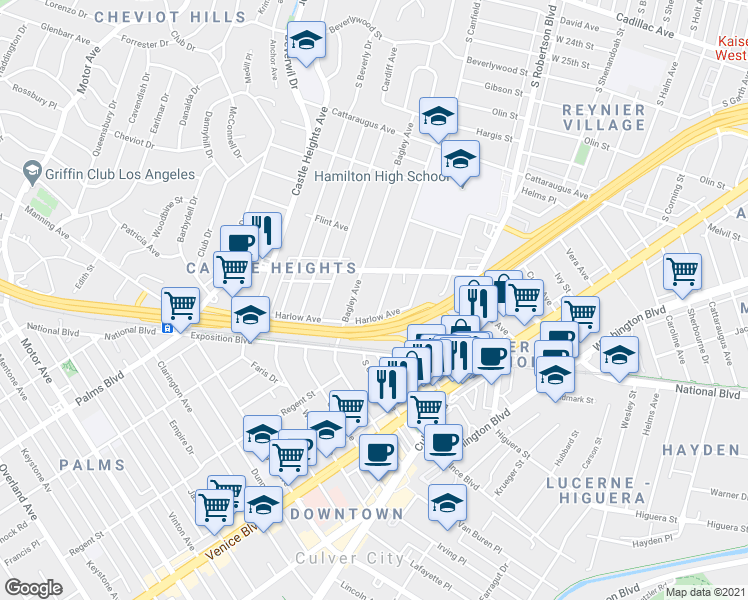 map of restaurants, bars, coffee shops, grocery stores, and more near 3330 South Canfield Avenue in Los Angeles