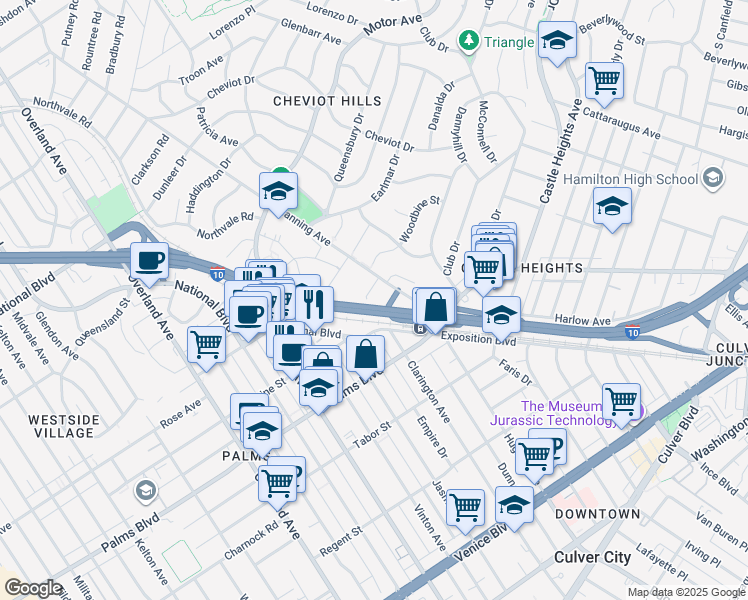 map of restaurants, bars, coffee shops, grocery stores, and more near 3375 Manning Avenue in Los Angeles