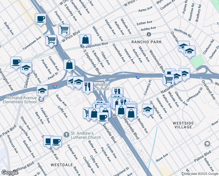 map of restaurants, bars, coffee shops, grocery stores, and more near 2747 South Sepulveda Boulevard in Los Angeles