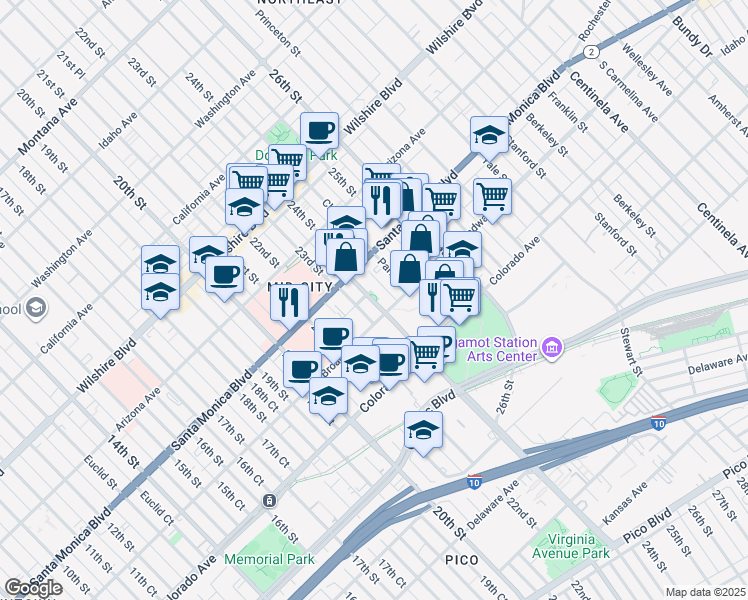 map of restaurants, bars, coffee shops, grocery stores, and more near 1425 Cloverfield Boulevard in Santa Monica
