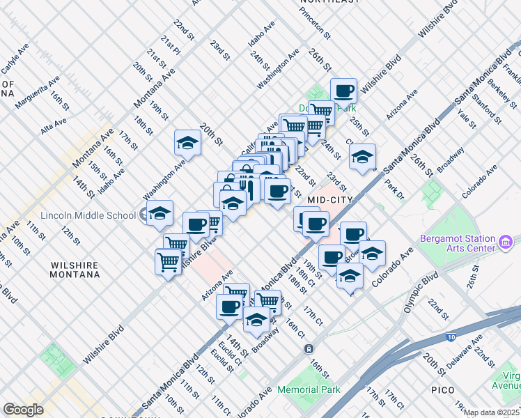 map of restaurants, bars, coffee shops, grocery stores, and more near 1209 19th Street in Santa Monica