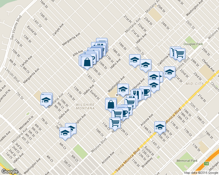map of restaurants, bars, coffee shops, grocery stores, and more near 1509 Washington Avenue in Santa Monica