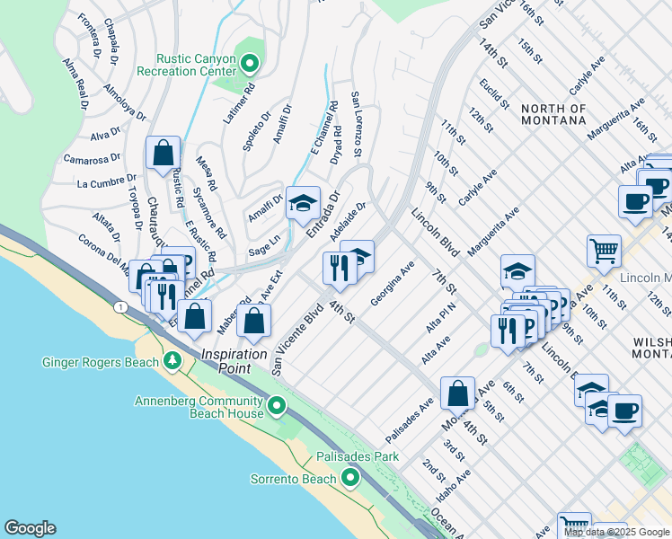 map of restaurants, bars, coffee shops, grocery stores, and more near 437 San Vicente Boulevard in Santa Monica