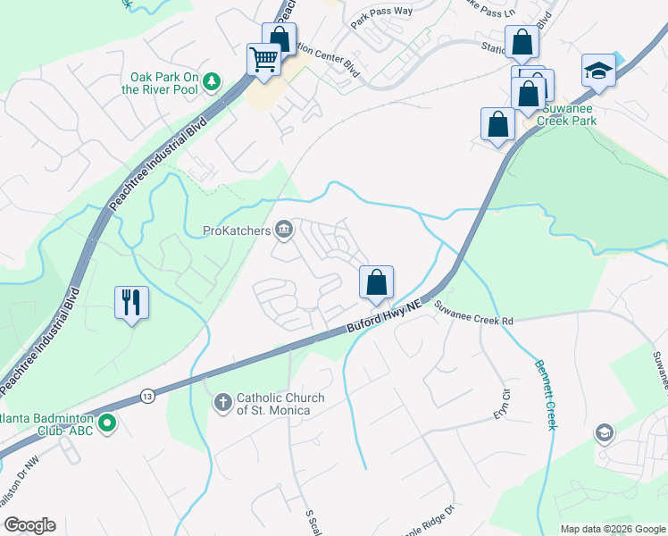map of restaurants, bars, coffee shops, grocery stores, and more near 3789 Baxley Ridge Drive in Suwanee