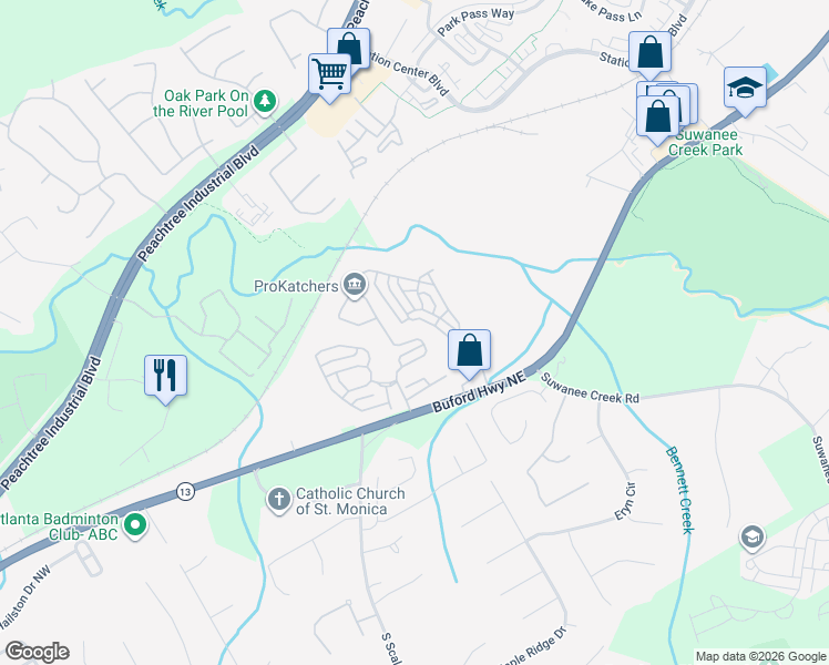 map of restaurants, bars, coffee shops, grocery stores, and more near 3799 Baxley Ridge Drive in Suwanee