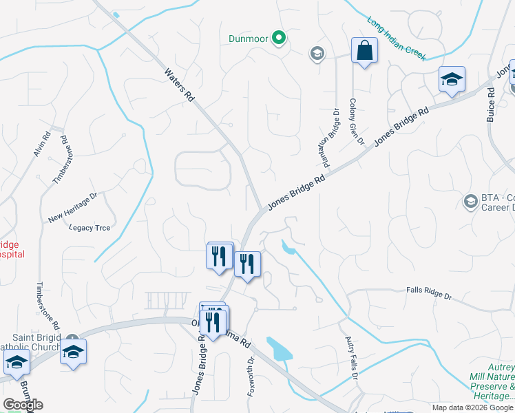 map of restaurants, bars, coffee shops, grocery stores, and more near 10214 Jones Bridge Road in Alpharetta