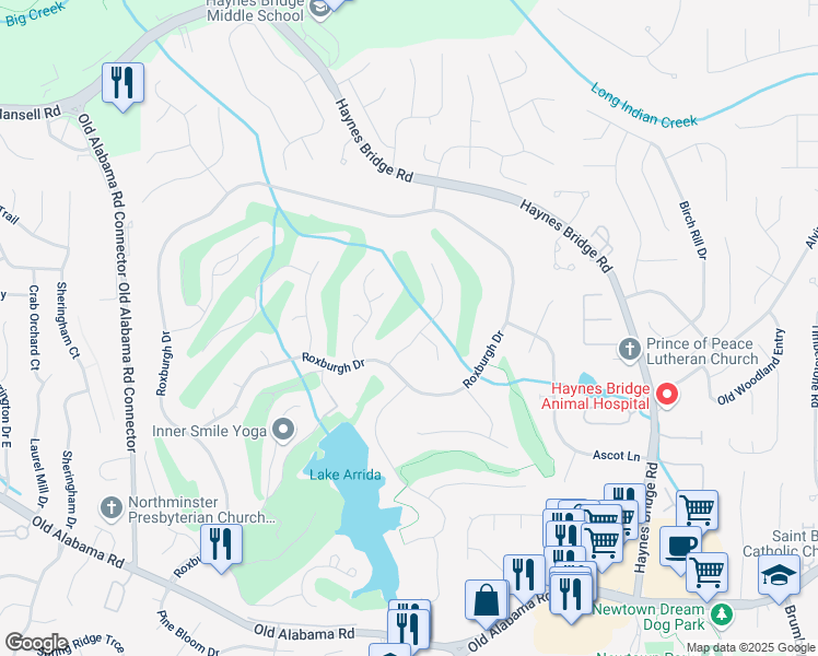 map of restaurants, bars, coffee shops, grocery stores, and more near 10310 Amberside Court in Roswell