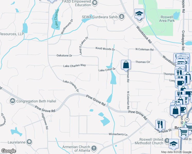 map of restaurants, bars, coffee shops, grocery stores, and more near 1150 Land O Lakes Drive in Roswell