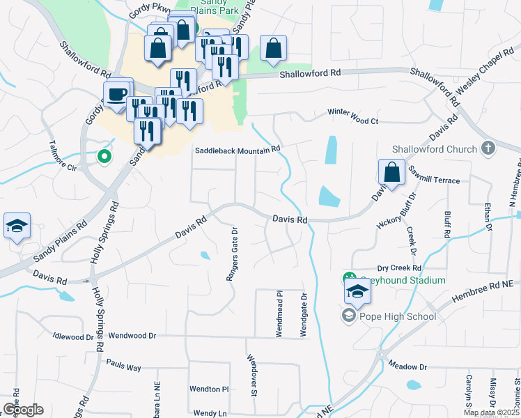 map of restaurants, bars, coffee shops, grocery stores, and more near 3171 Davis Road in Marietta