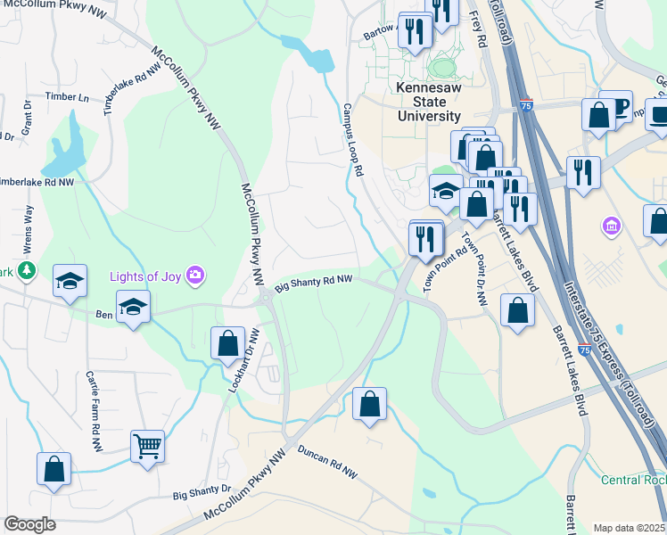map of restaurants, bars, coffee shops, grocery stores, and more near 1219 Settlebench Lane in Kennesaw