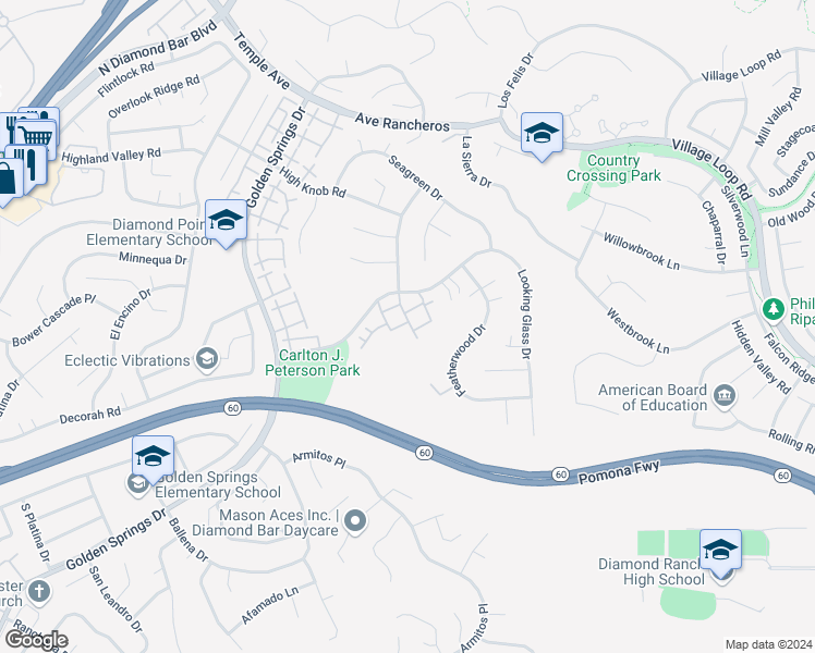 map of restaurants, bars, coffee shops, grocery stores, and more near 24232 Sylvan Glen Road in Diamond Bar