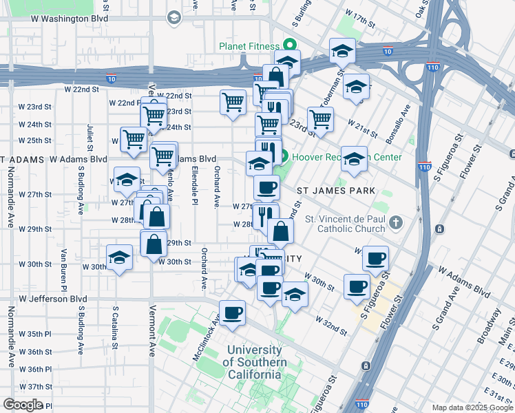 map of restaurants, bars, coffee shops, grocery stores, and more near W 27th St & Monmouth Ave in Los Angeles