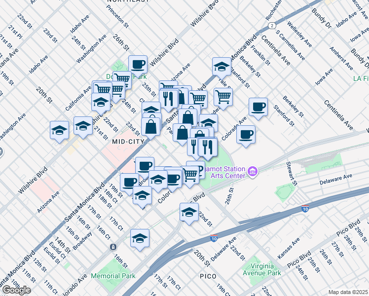map of restaurants, bars, coffee shops, grocery stores, and more near 2462 Broadway in Santa Monica