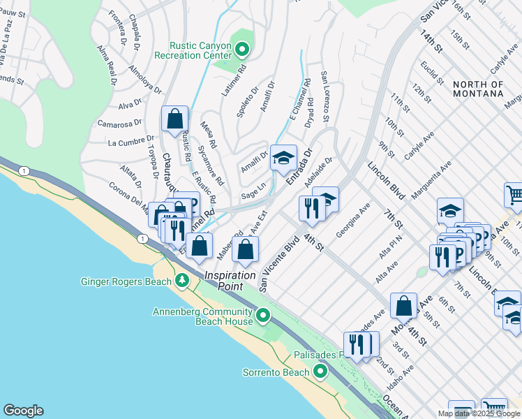 map of restaurants, bars, coffee shops, grocery stores, and more near 368 Entrada Drive in Santa Monica