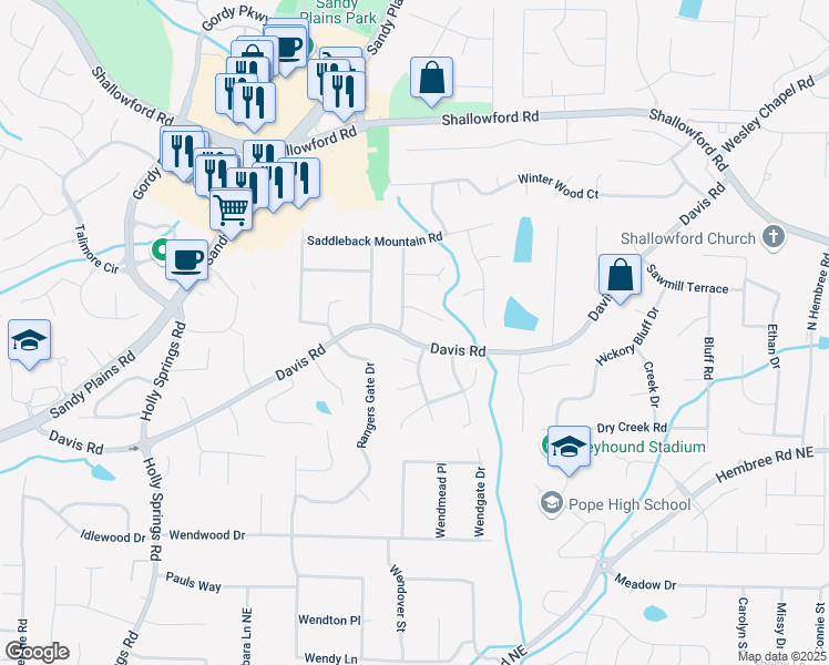 map of restaurants, bars, coffee shops, grocery stores, and more near 3171 Davis Road in Marietta