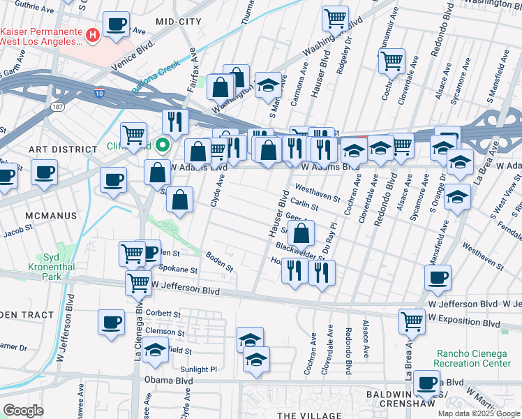 map of restaurants, bars, coffee shops, grocery stores, and more near 5530 Geer Avenue in Los Angeles