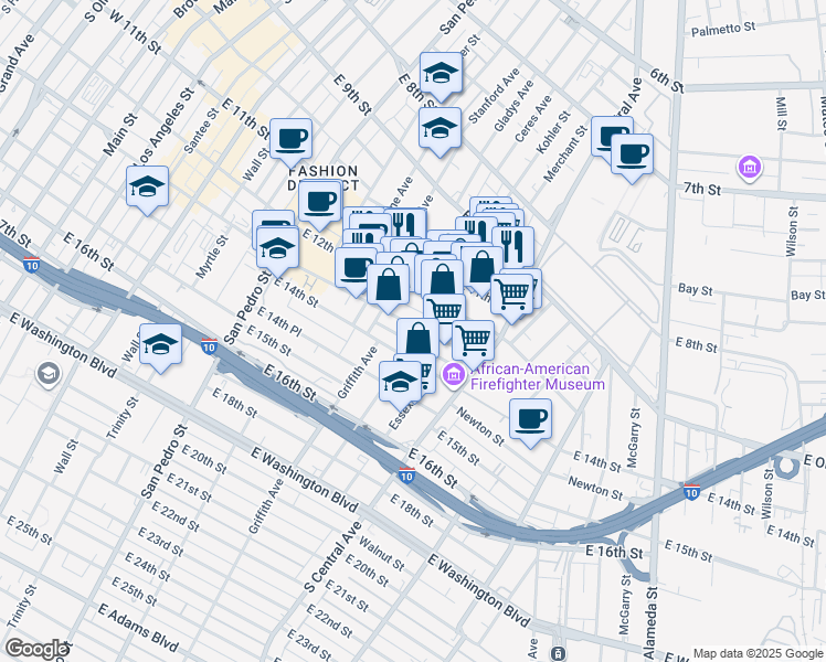 map of restaurants, bars, coffee shops, grocery stores, and more near 1105 East Pico Boulevard in Los Angeles