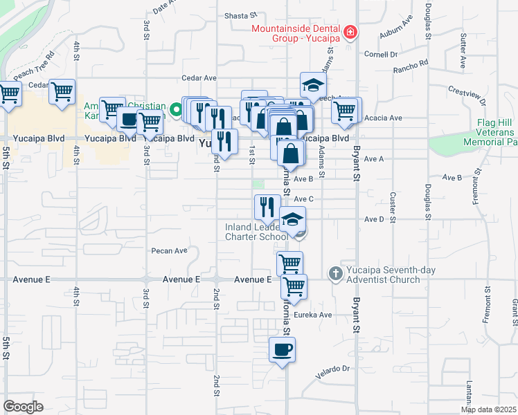 map of restaurants, bars, coffee shops, grocery stores, and more near 35019 Avenue C in Yucaipa