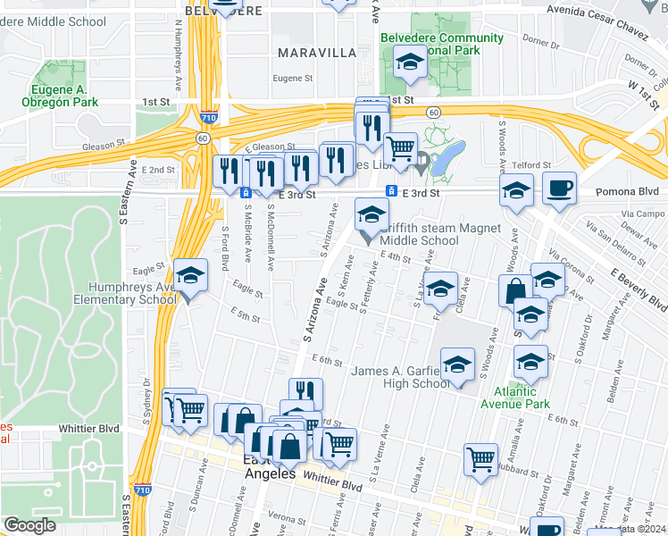 map of restaurants, bars, coffee shops, grocery stores, and more near 438 South Mednik Avenue in East Los Angeles