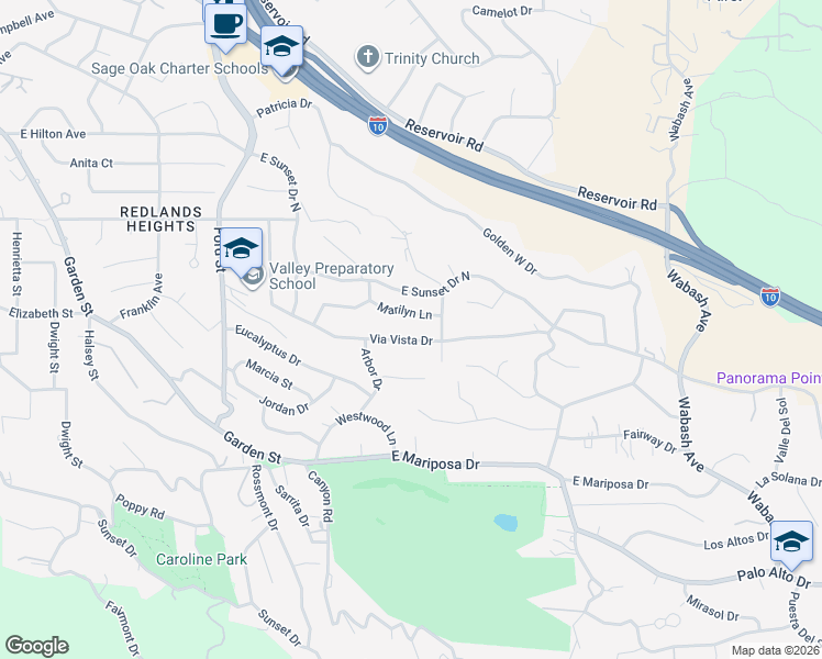 map of restaurants, bars, coffee shops, grocery stores, and more near 539 Via Vista Drive in Redlands