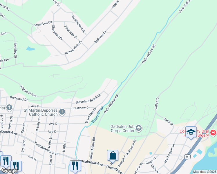 map of restaurants, bars, coffee shops, grocery stores, and more near 1207 Mountain Brook Drive in Gadsden