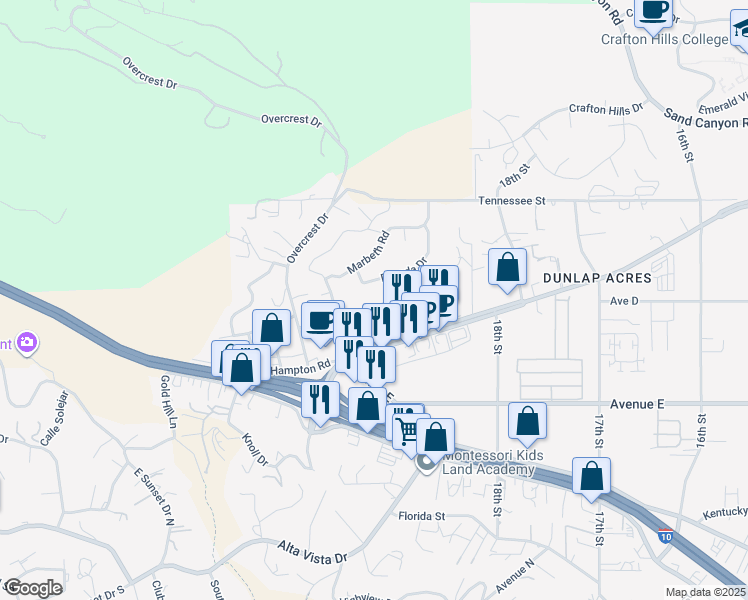 map of restaurants, bars, coffee shops, grocery stores, and more near 31516 Sierra Linda Street in Yucaipa
