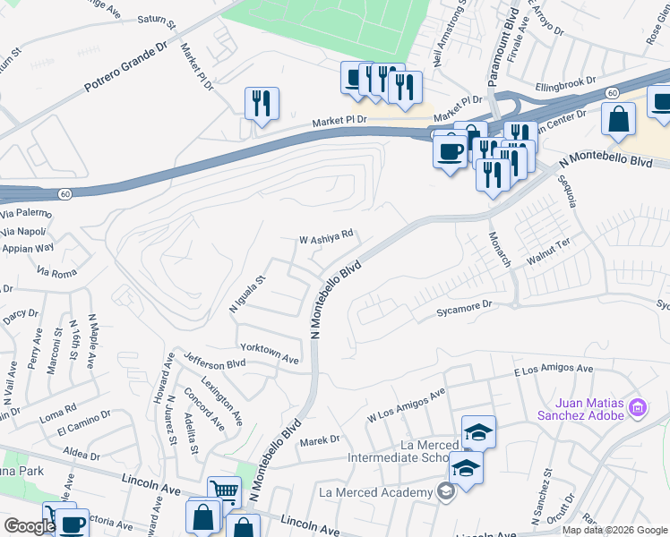 map of restaurants, bars, coffee shops, grocery stores, and more near 1220 Rio Blanco Street in Montebello
