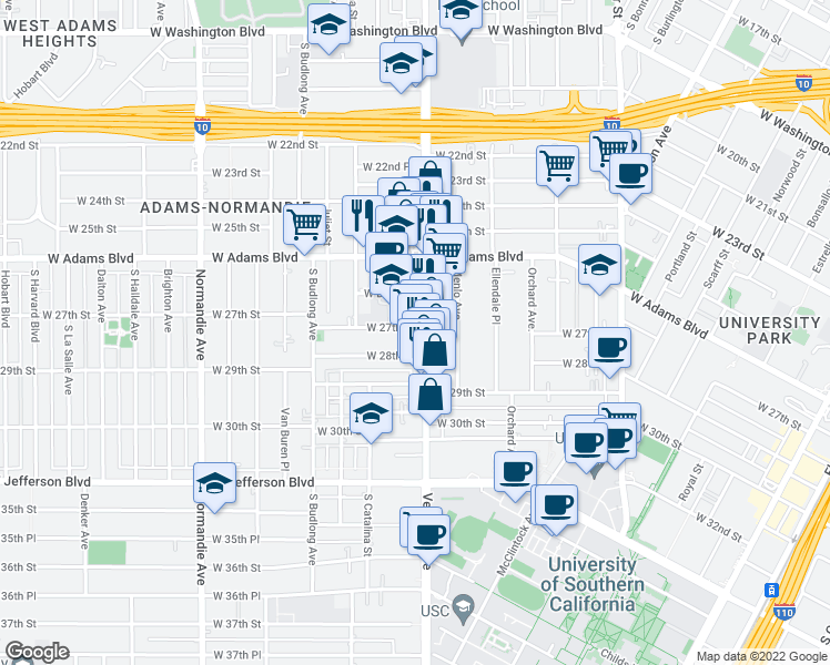 map of restaurants, bars, coffee shops, grocery stores, and more near 2701 South Vermont Avenue in Los Angeles