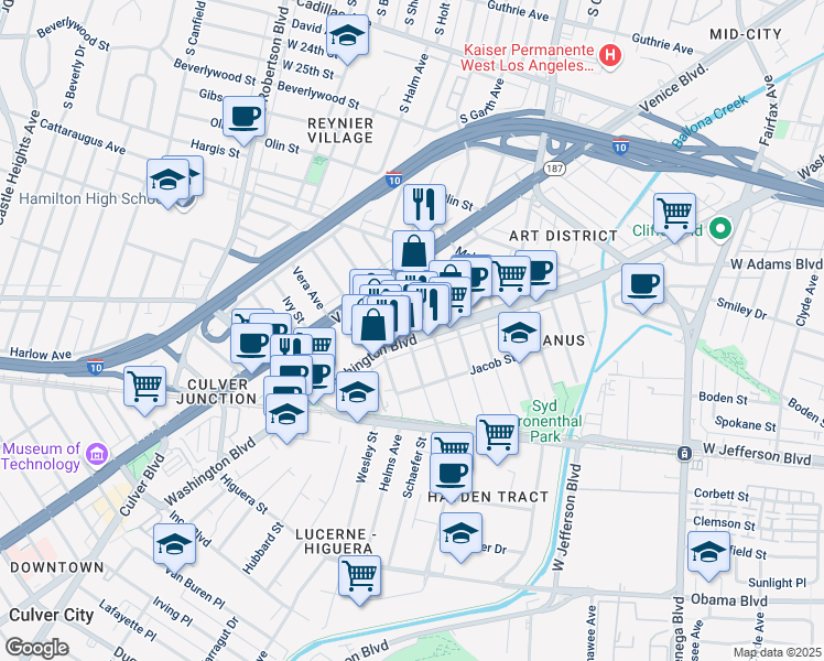 map of restaurants, bars, coffee shops, grocery stores, and more near 3250 Hutchison Avenue in Culver City