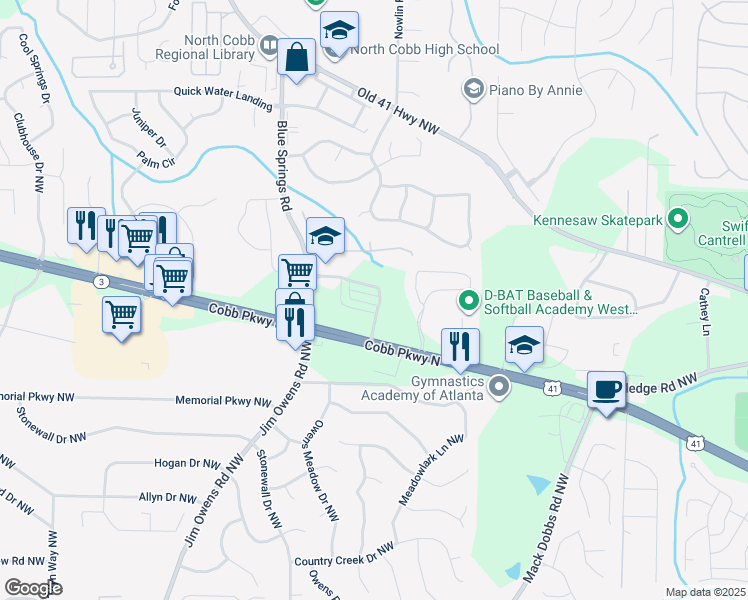 map of restaurants, bars, coffee shops, grocery stores, and more near 3202 Blue Springs Trace in Kennesaw