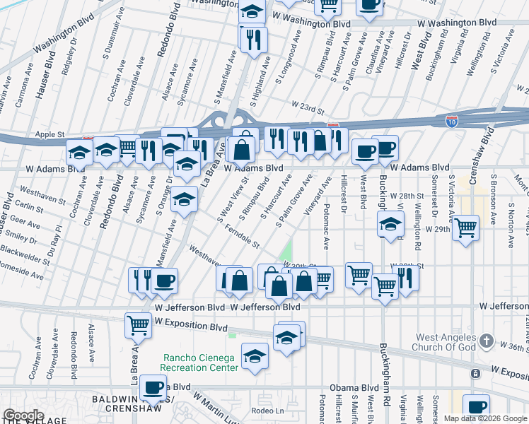 map of restaurants, bars, coffee shops, grocery stores, and more near 2676 South Harcourt Avenue in Los Angeles